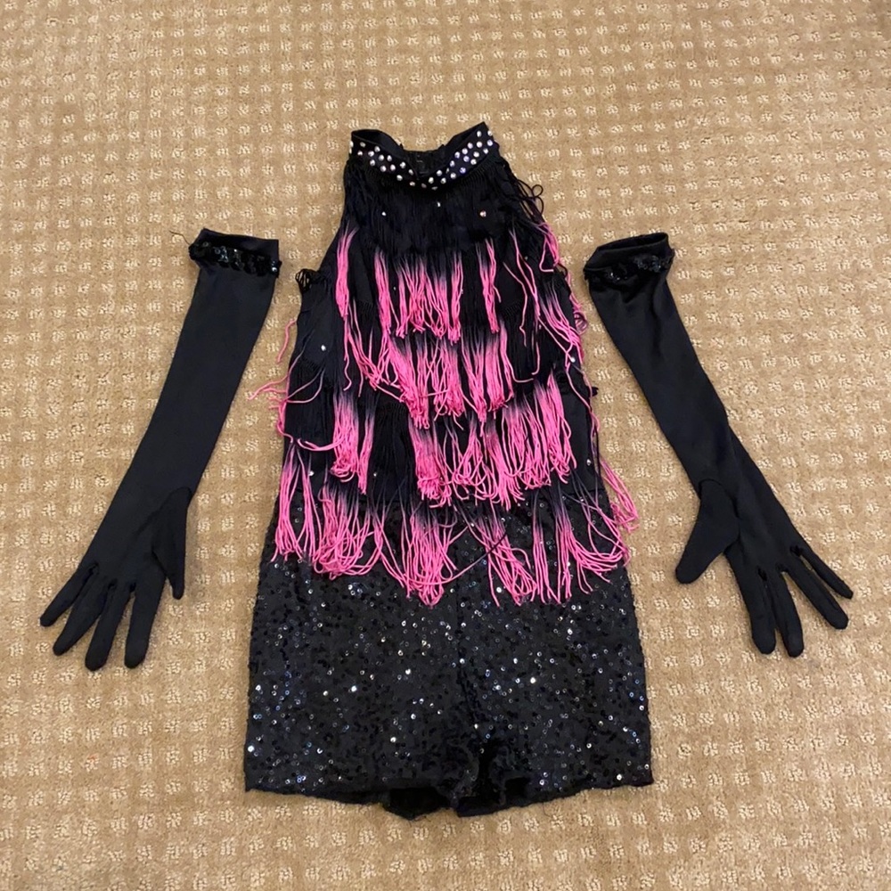 Girls Pink and Black Fringy Jazz Dance Costume